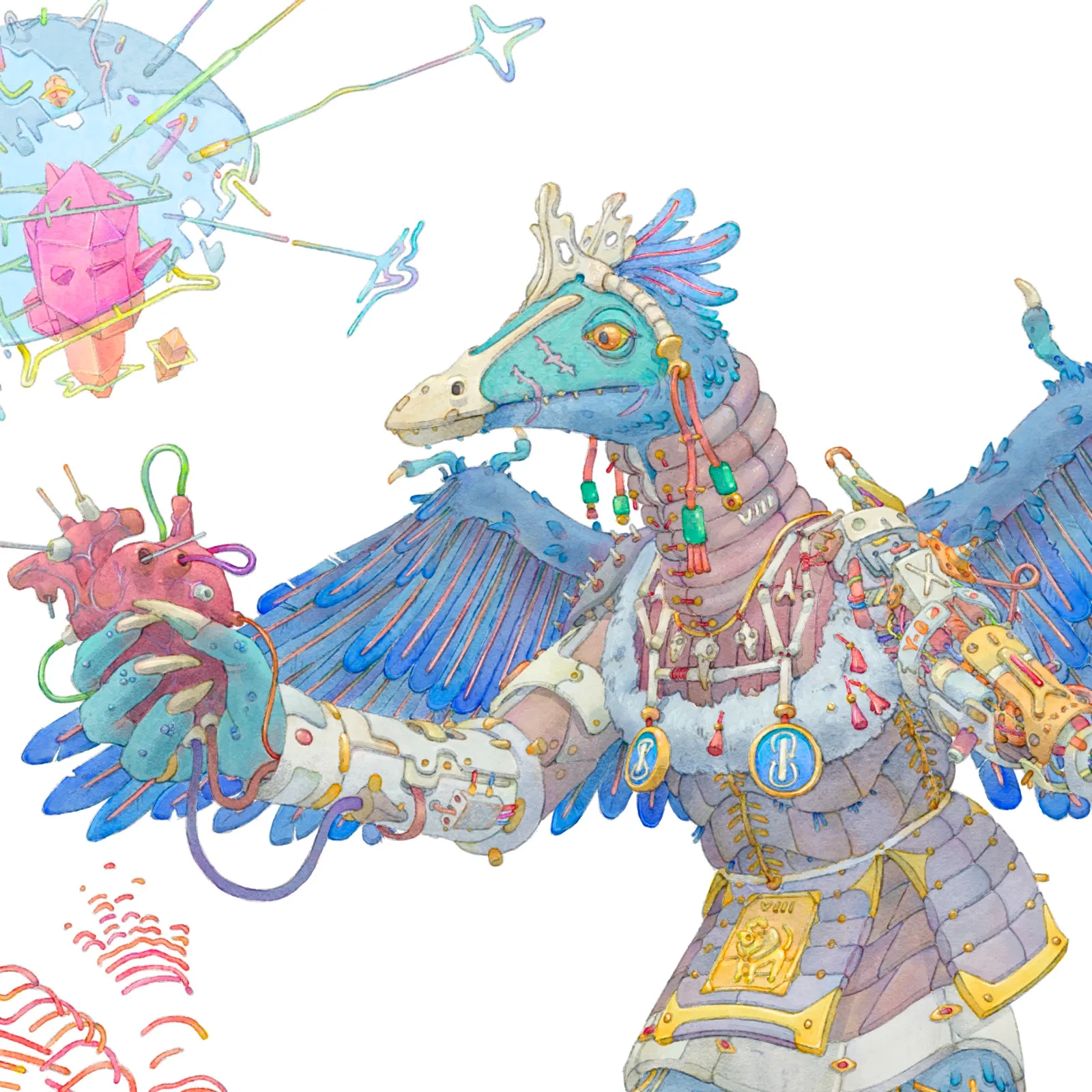 tracheopteryx — watercolor avatar: a feathered dinosaur-bird holding a mechanical heart
